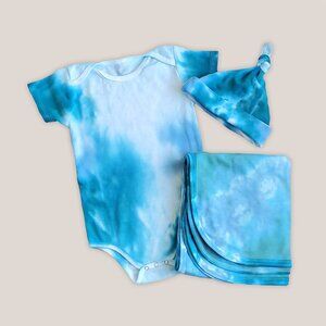 Caribbean Organic Tie Dye Baby Set | Blue Blanket, Bodysuit, Hat Organic Cotton